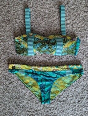 Maaji 2-Piece Reversible Bandeau Bikini Set Large L Green Yellow Swimsuit